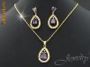Set placat cu aur de 18k, format din colier si cercei cu cristale ametist teardrop cut si cristale swarovski clear, bijuterii mireasa