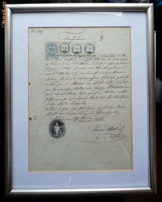 Document , Arbore , Bucovina , 1861 , inramat foto mare