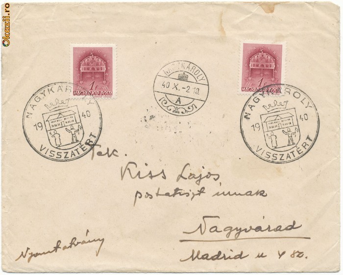 RFL 1940 plic iredentist maghiar cu stampila Carei foto mare
