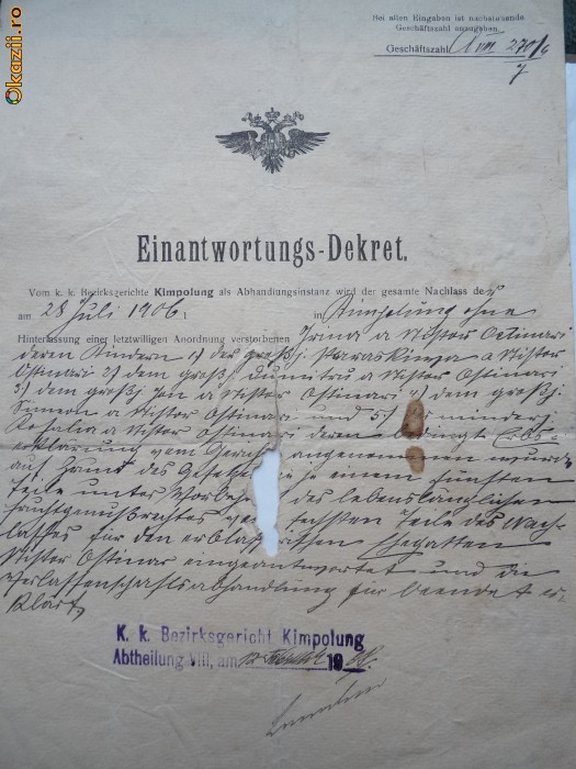 Document , Campulung , Bucovina , 1908 , Decret austriac foto mare