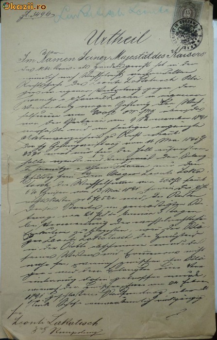 Document , Suceava , Bucovina ,1892 foto mare