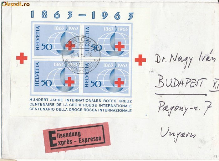 RFL 1963 Elvetia FDC circulat cu colita centenar Crucea Rosie foto mare