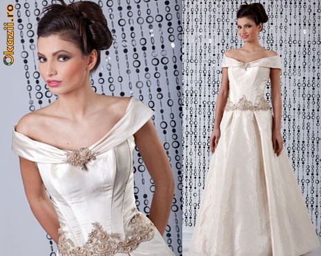 Rochie mireasa crem ivoriu - model A, cu broderie in jurul taliei, superoferta! foto mare
