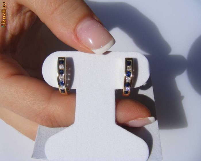 Cercei HOOP aur 14K, 3.7g, ornati cu 6 DIAMANTE si 8 SAFIRE, 0.60ct !! foto mare