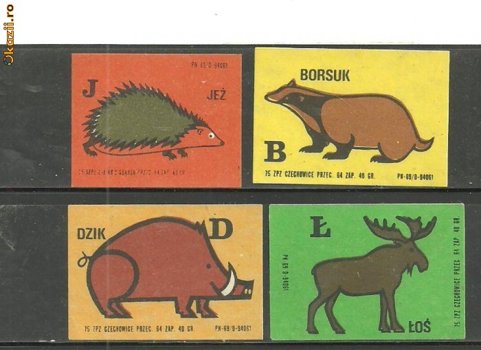 1897* POLONIA - ETICHETE CUTII DE CHIBRITURI tema ANIMALE SALBATICE, 4 BUCATI DIFERITE foto mare