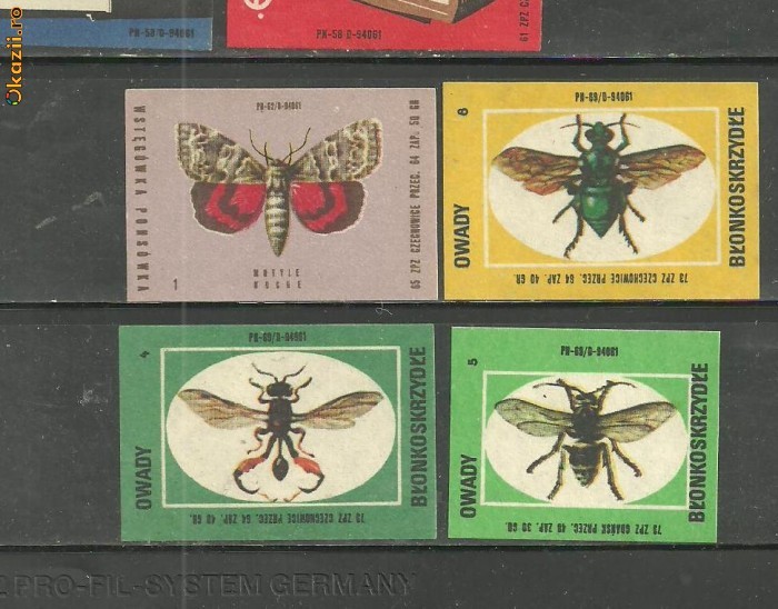 1900* POLONIA - ETICHETE CUTII DE CHIBRITURI tema INSECTE SI FLUTURI, 4 BUCATI DIFERITE foto mare