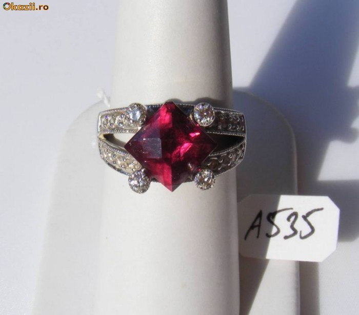 Inel designer aur 14K, 7g, montura UNICAT cu GRANAT cushion 2.75CT + 20 BRILIANTE !! foto mare