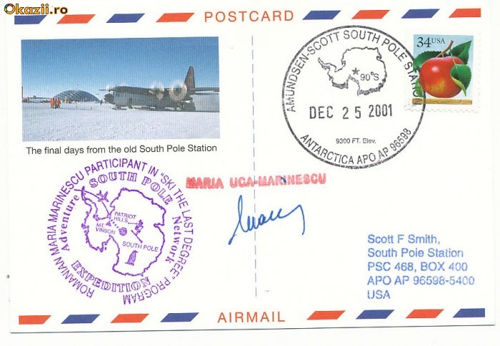 RFL 2001 Carte Postala de la Baza Scott a SUA la Polul Sud cu autograf exploratoare Maria Uca Marinescu foto mare