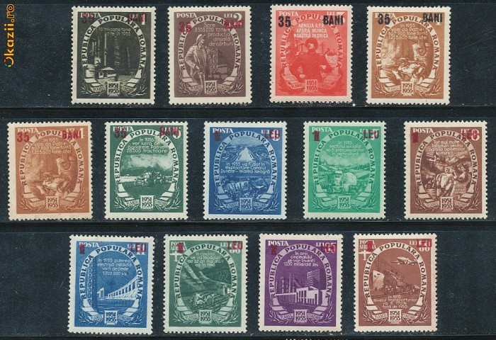 RFL 1952 ROMANIA Planul Cincinal seria nestampilata cu supratipar, 13 valori, din care 2L cu filigran schimbat foto mare