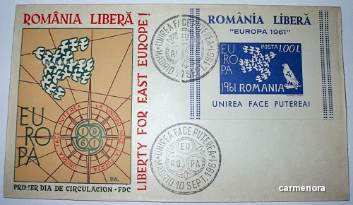 ROMANIA 1961 - FDC EXIL - EUROPA`61 COLITA foto mare
