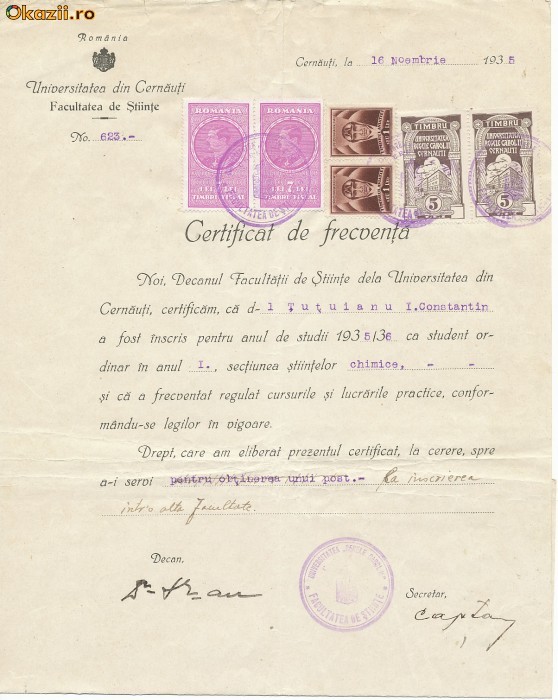 RFL 1935 ROMANIA document Universitatea Cernauti cu 2 timbre fiscale locale rare foto mare