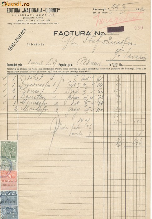 RFL 1940 Document Editura Ciornei 4 timbre perfins foto mare